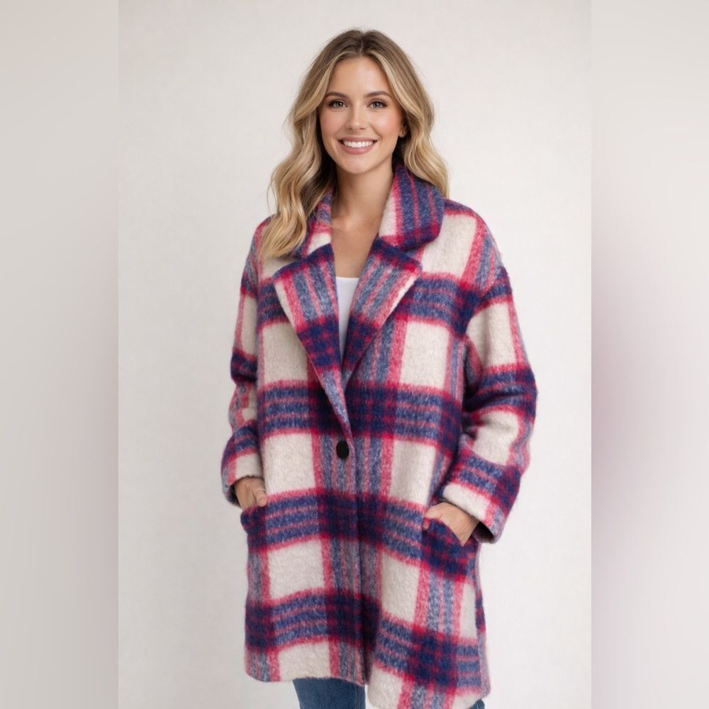Teddy Jacket Plaid Mid Length Coat- Cozy Statement Outerwear NWOT